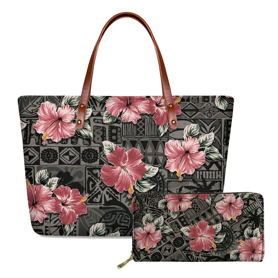 مجموعة اروين التجارية ARWEN&AJH GROUP  2024 European Elegant Polynesian Tribal Hawaii Flower Design Brand Handbags and Long Purse Colorful Zipper Ladies Tote Bag Large Shoulder Bags