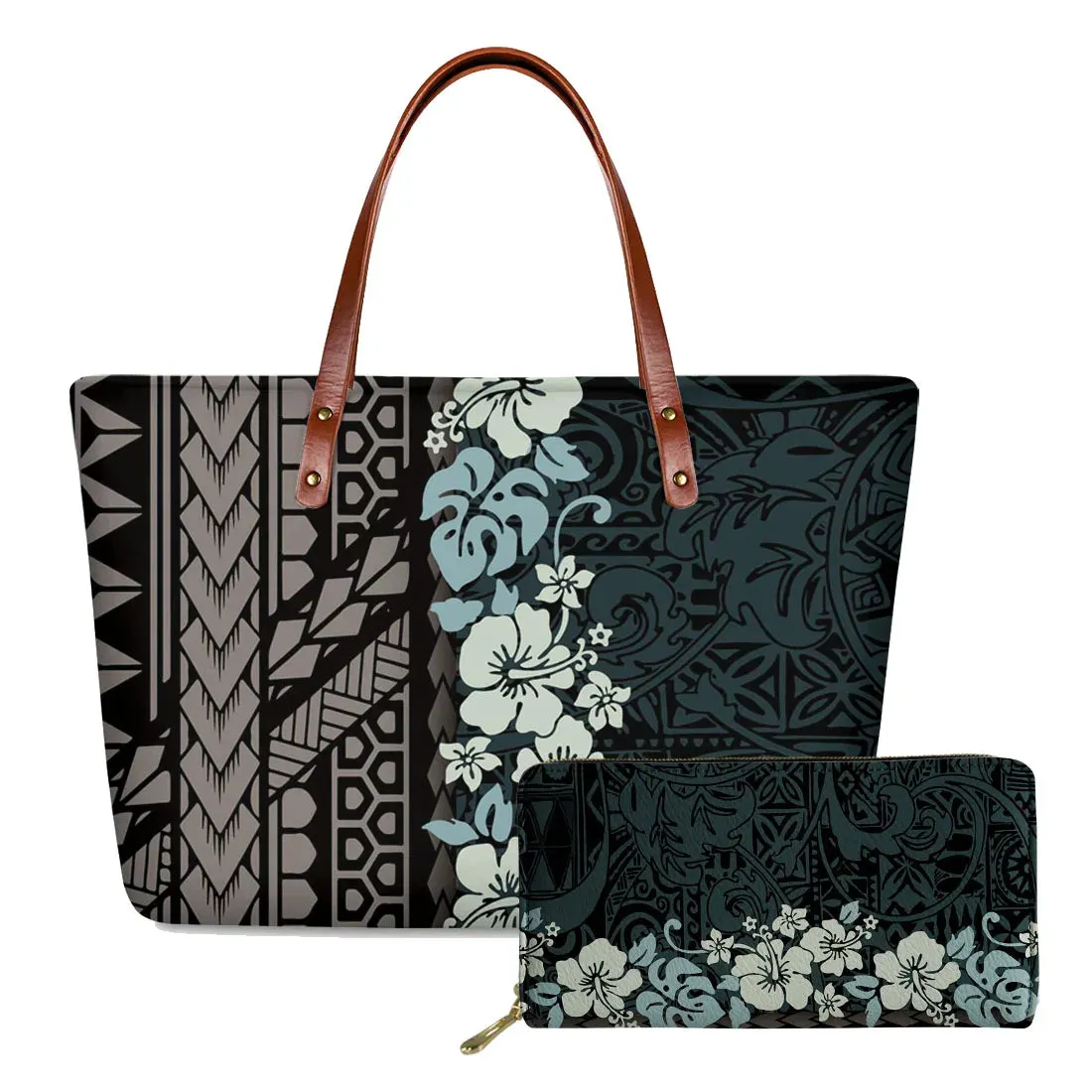 مجموعة اروين التجارية ARWEN&AJH GROUP  2024 European Elegant Polynesian Tribal Hawaii Flower Design Brand Handbags and Long Purse Colorful Zipper Ladies Tote Bag Large Shoulder Bags