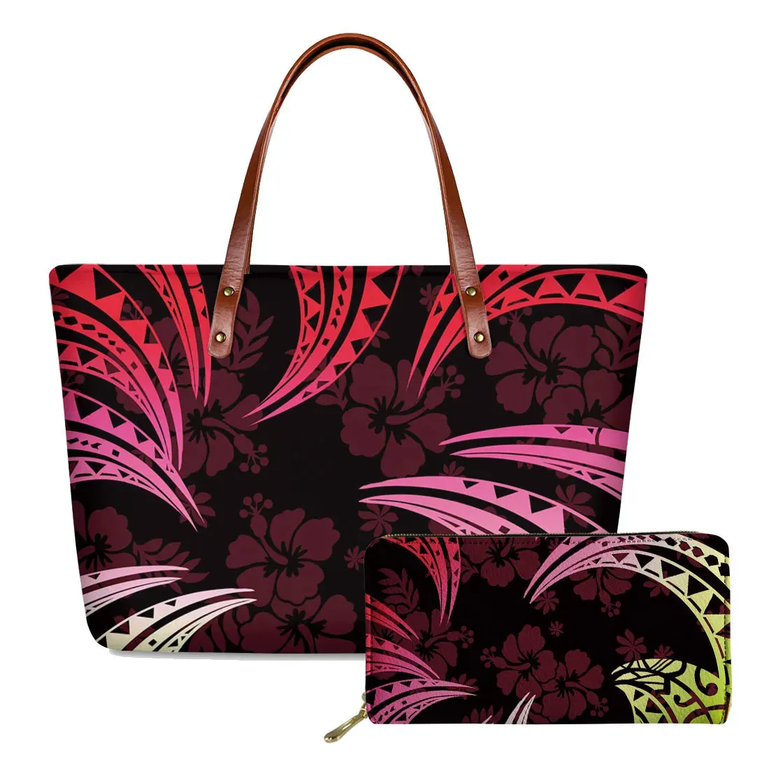 مجموعة اروين التجارية ARWEN&AJH GROUP  2024 European Elegant Polynesian Tribal Hawaii Flower Design Brand Handbags and Long Purse Colorful Zipper Ladies Tote Bag Large Shoulder Bags