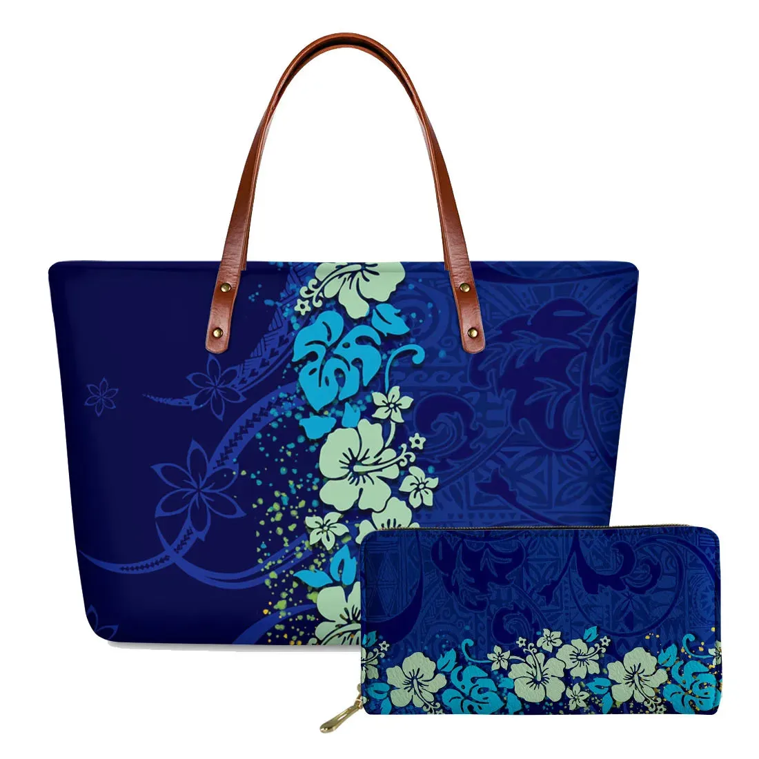 مجموعة اروين التجارية ARWEN&AJH GROUP  2024 European Elegant Polynesian Tribal Hawaii Flower Design Brand Handbags and Long Purse Colorful Zipper Ladies Tote Bag Large Shoulder Bags