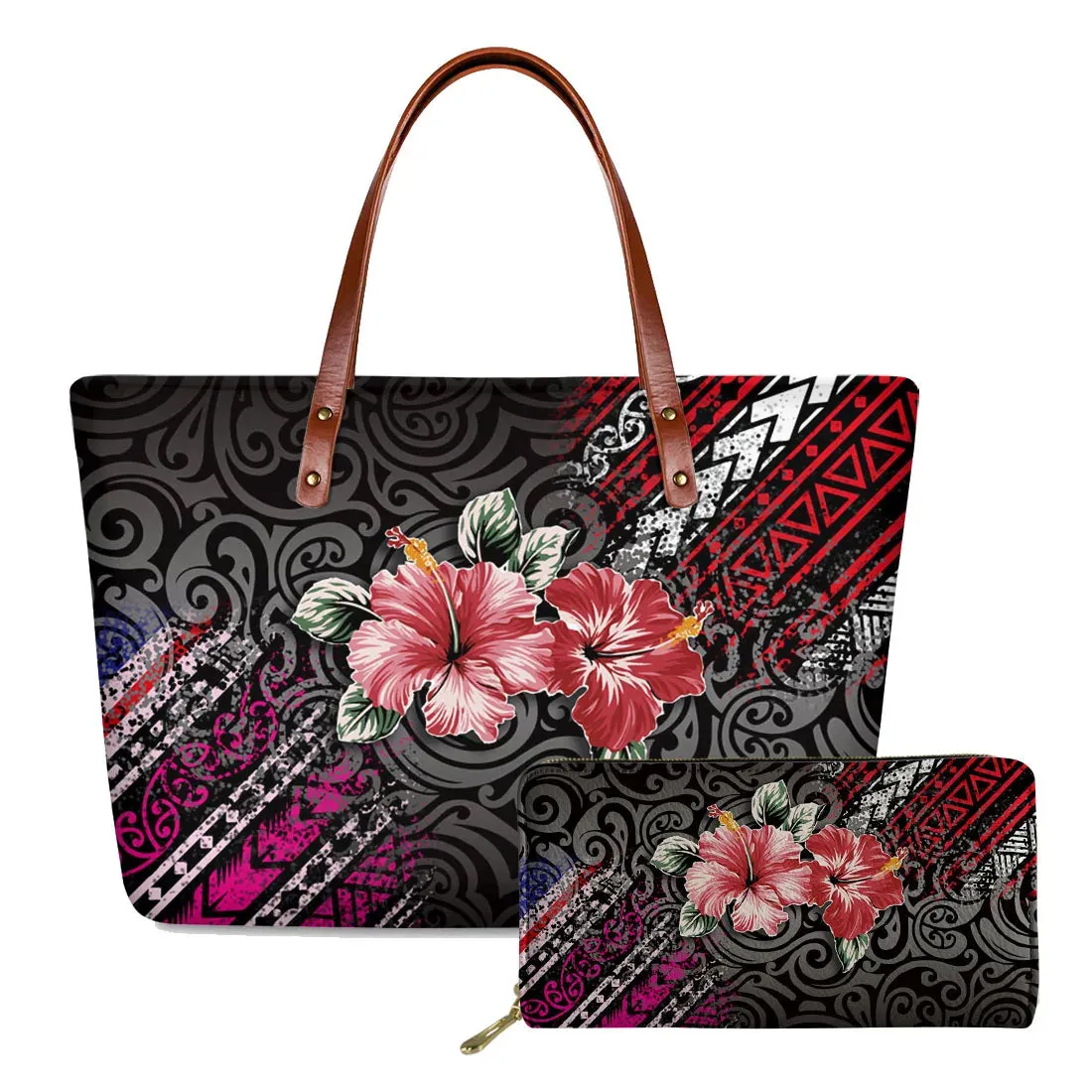 مجموعة اروين التجارية ARWEN&AJH GROUP  2024 European Elegant Polynesian Tribal Hawaii Flower Design Brand Handbags and Long Purse Colorful Zipper Ladies Tote Bag Large Shoulder Bags