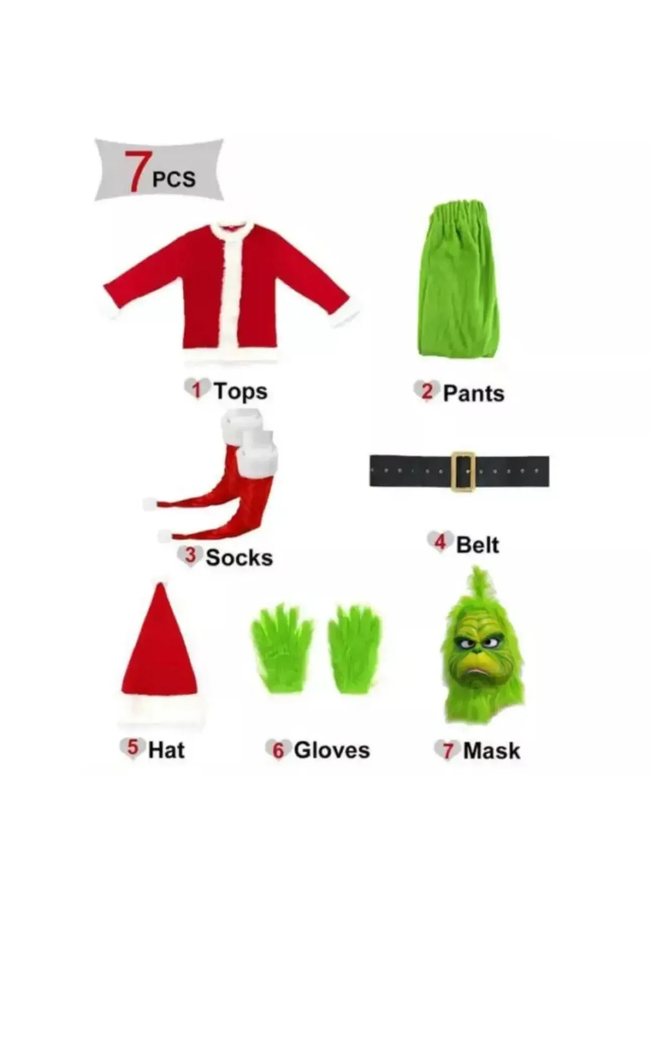 3XXX Large Grinch Party Costume Suit 7 pcs (3XXX LARGE SIZE)