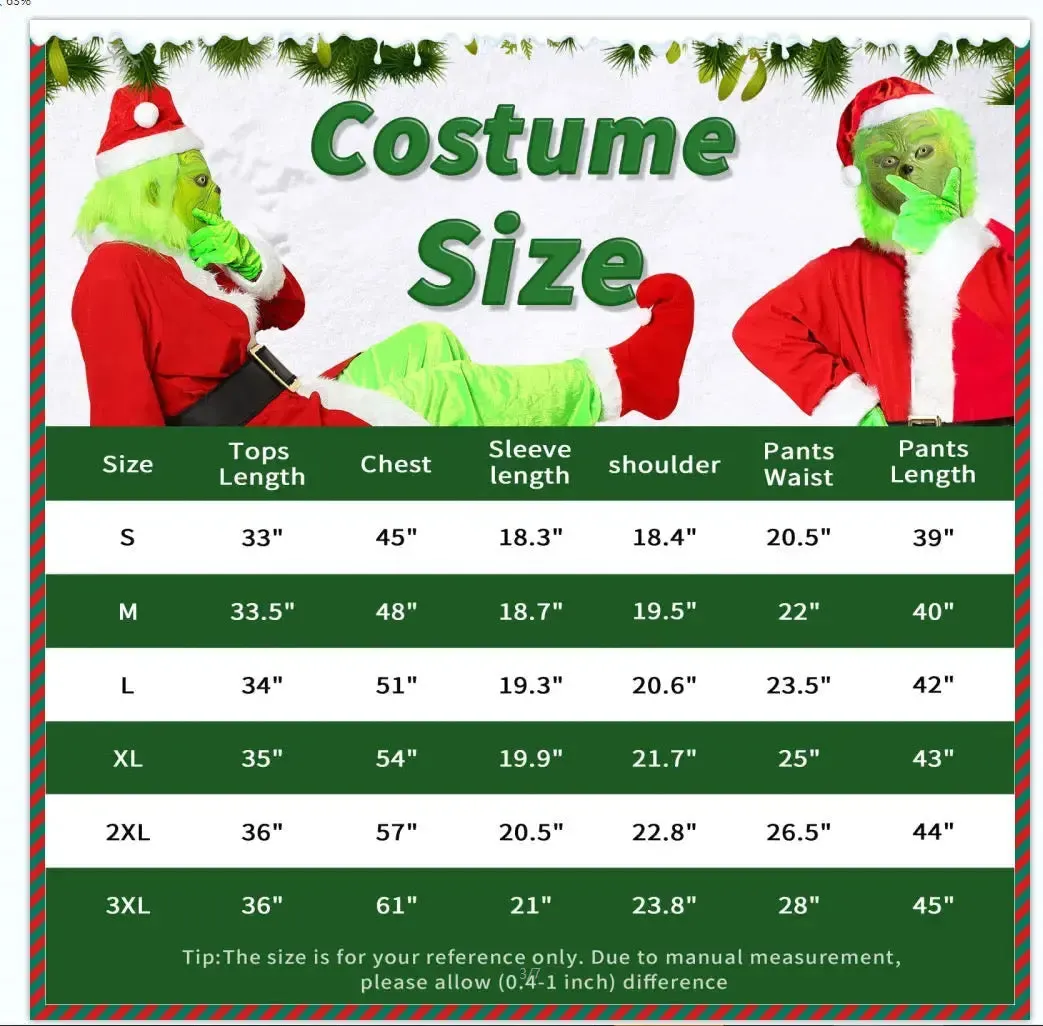 3XXX Large Grinch Party Costume Suit 7 pcs (3XXX LARGE SIZE)