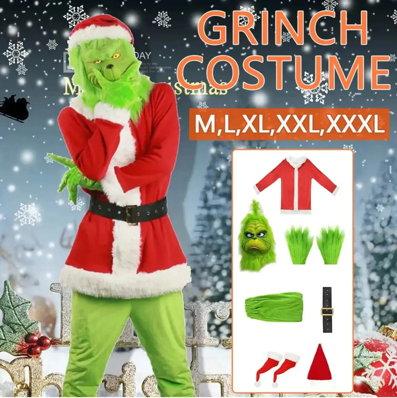 3XXX Large Grinch Party Costume Suit 7 pcs (3XXX LARGE SIZE)