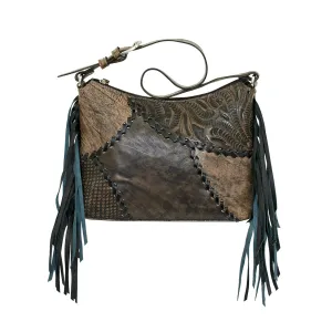 American West Womens Gypsy Patch Distressed Charcoal Brown Leather Handbag Bag