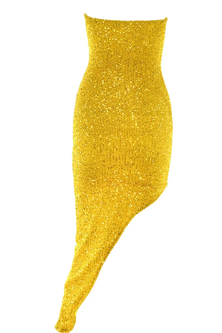 Amozae-Asymmetrical Bustier Strapless Embellished Sequin Midi Dress - Yellow