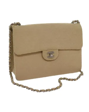 Beige Cotton Matelasse Chain Shoulder Bag with Turn Lock and Shoulder Drop