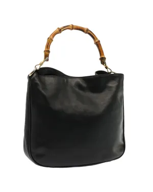 Black Leather Hand Bag with Bamboo Accents