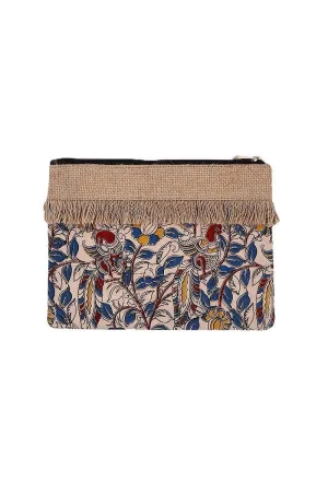 Classic Beige Kalamkari Print Pouch With Jute Fringes