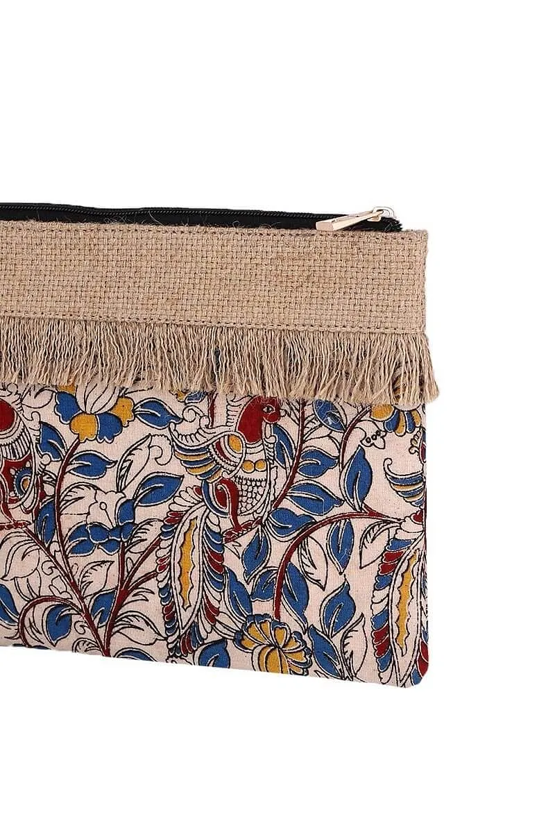 Classic Beige Kalamkari Print Pouch With Jute Fringes