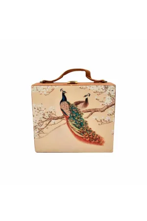 Cream Digital Peacock Print Suitcase Clutch