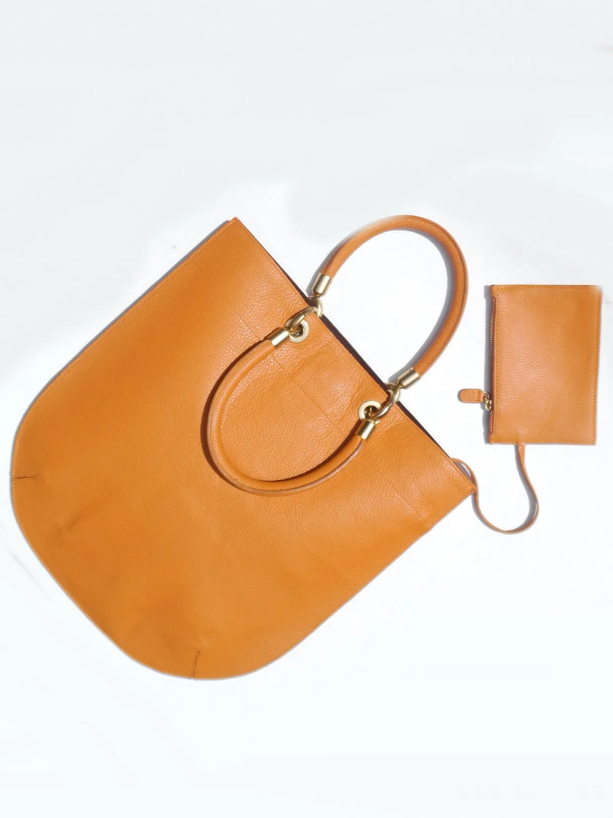 Flat Oblong Pebble Grain Leather Tote Bag Orange