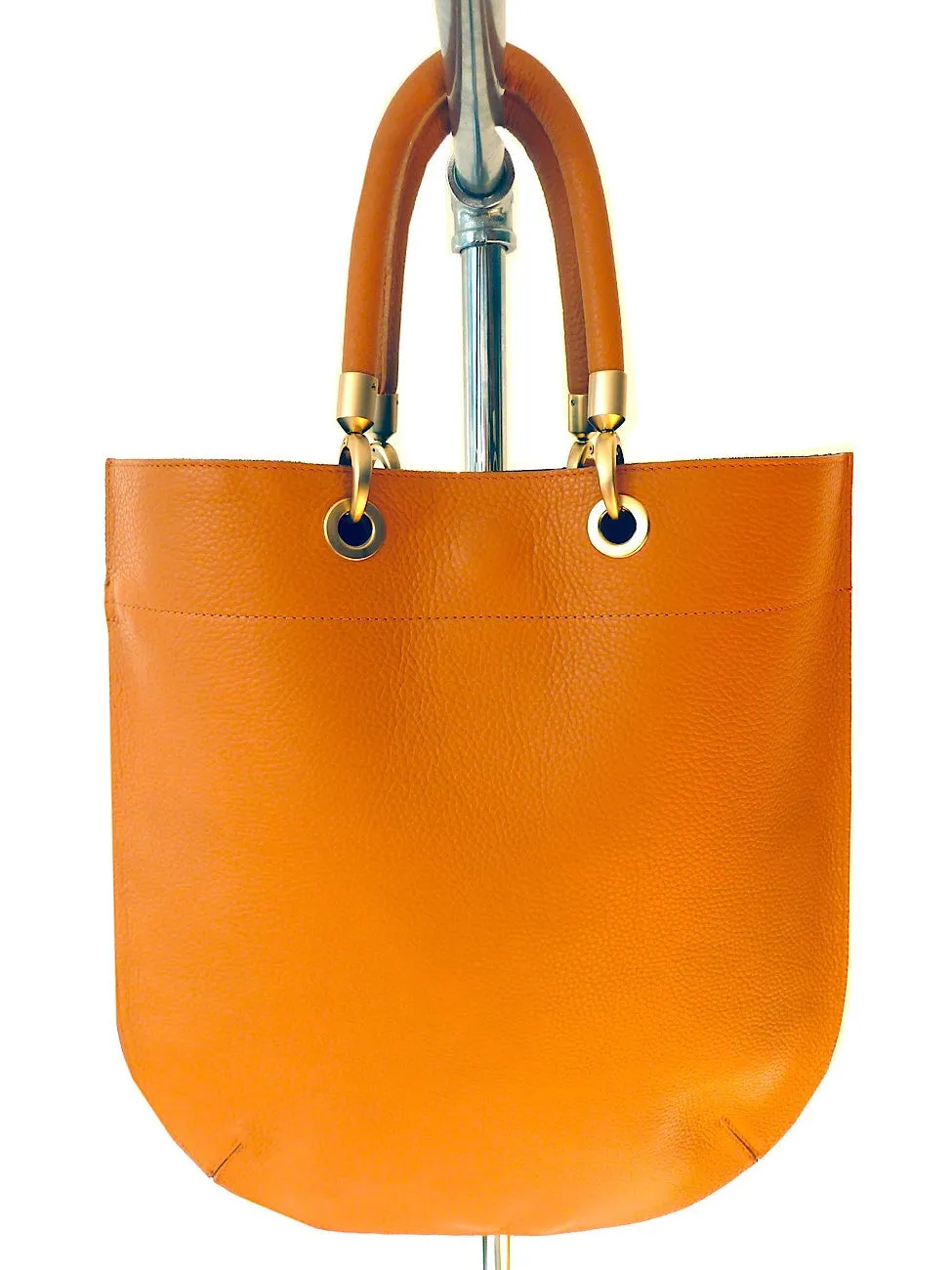 Flat Oblong Pebble Grain Leather Tote Bag Orange