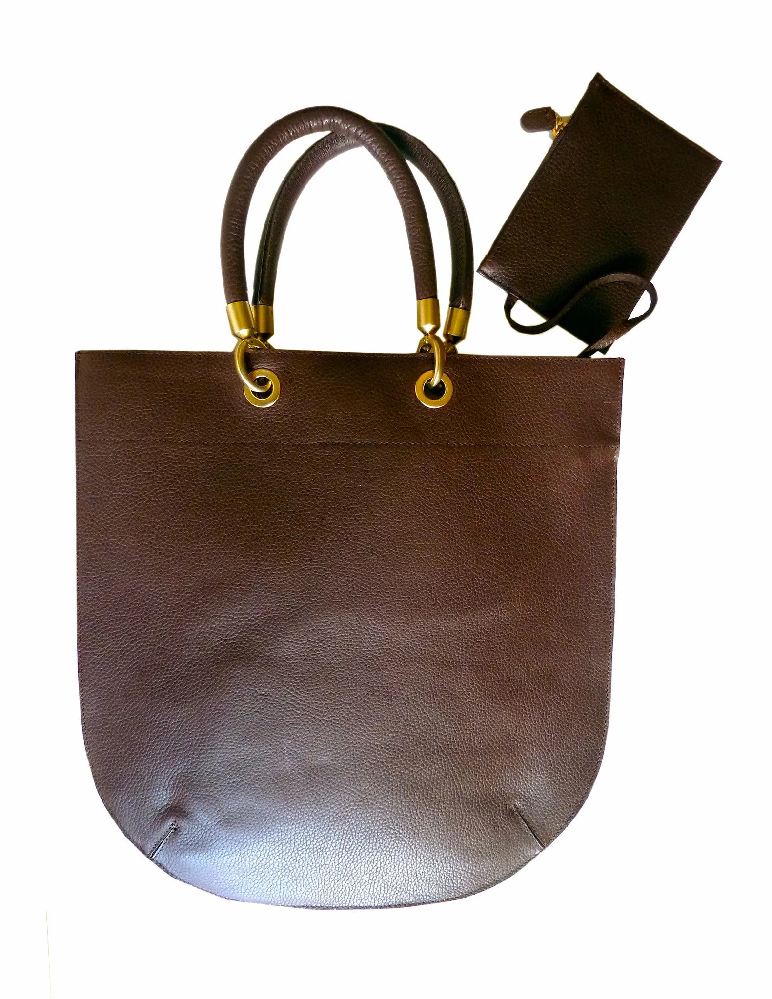 Flat Oblong Pebble Grain Leather Tote Bag Orange