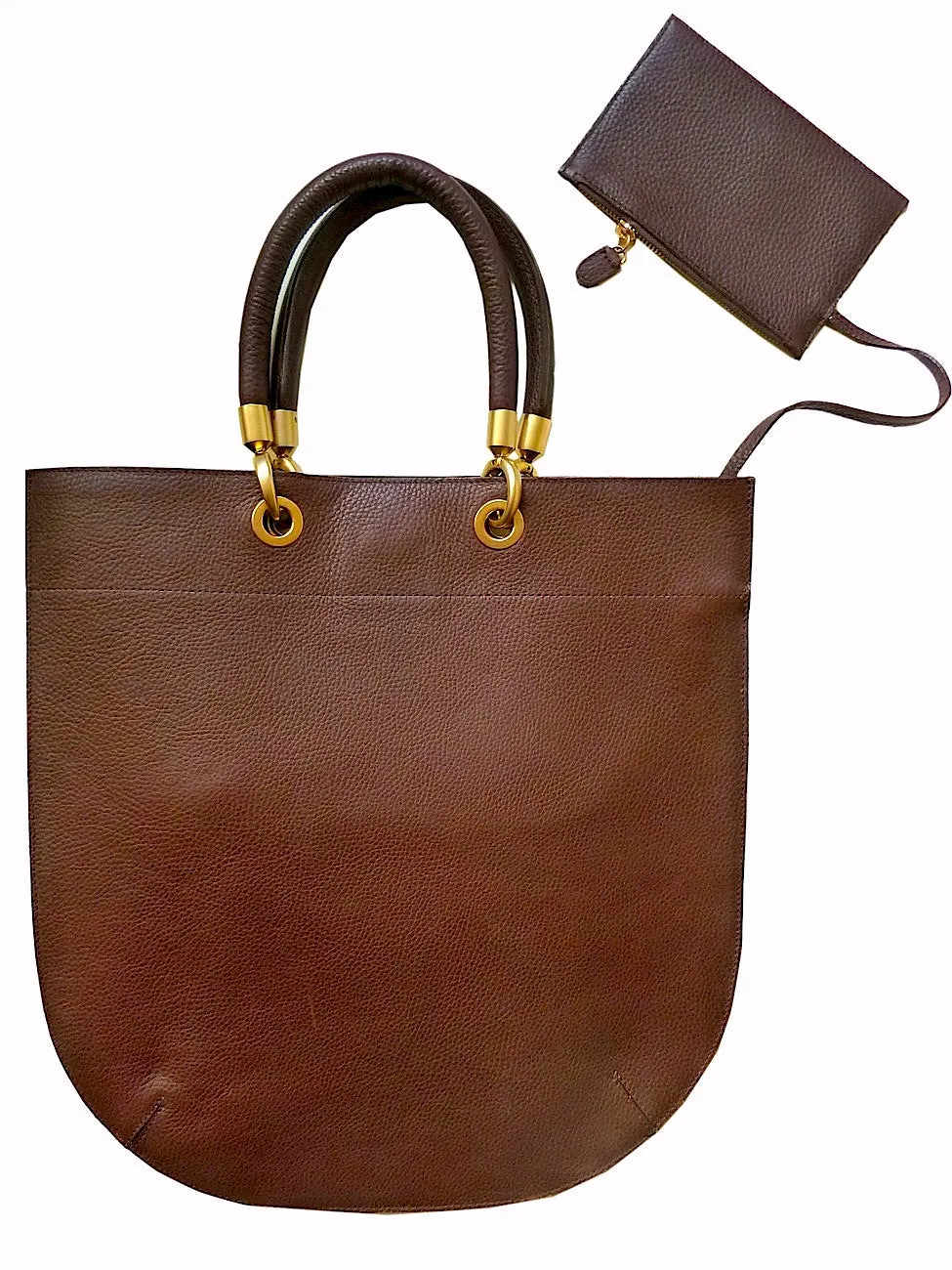 Flat Oblong Pebble Grain Leather Tote Bag Orange