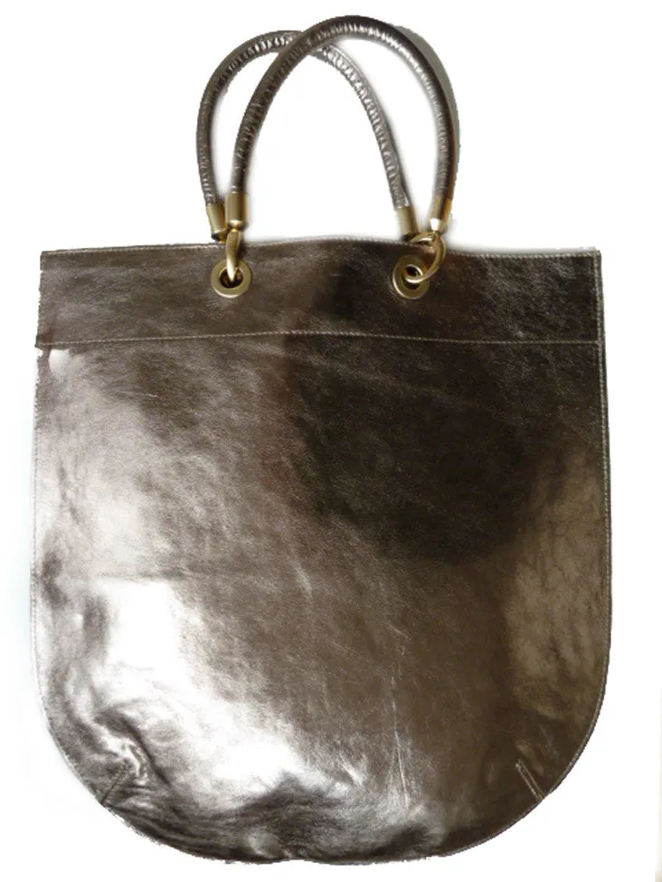 Flat Oblong Tote Bag Metallic Leather Anthracite And Bronze