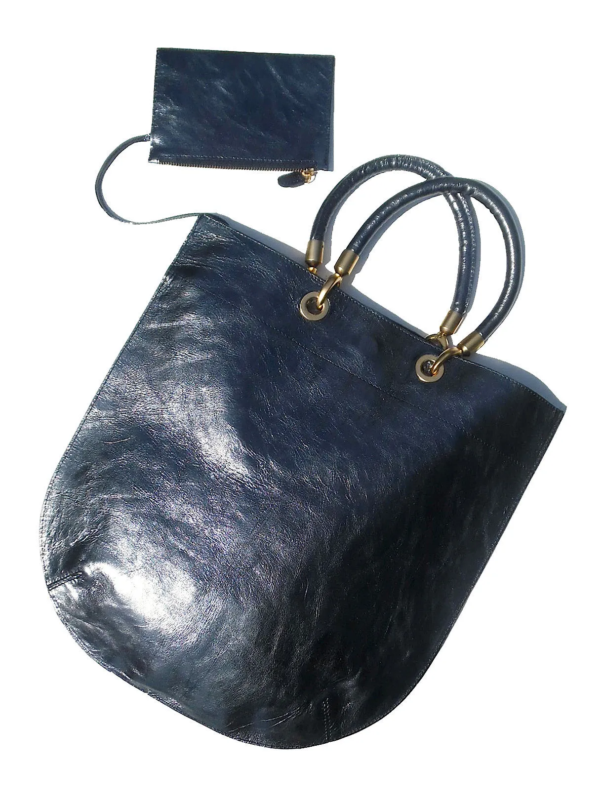 Flat Oblong Tote Bag Metallic Leather Anthracite And Bronze