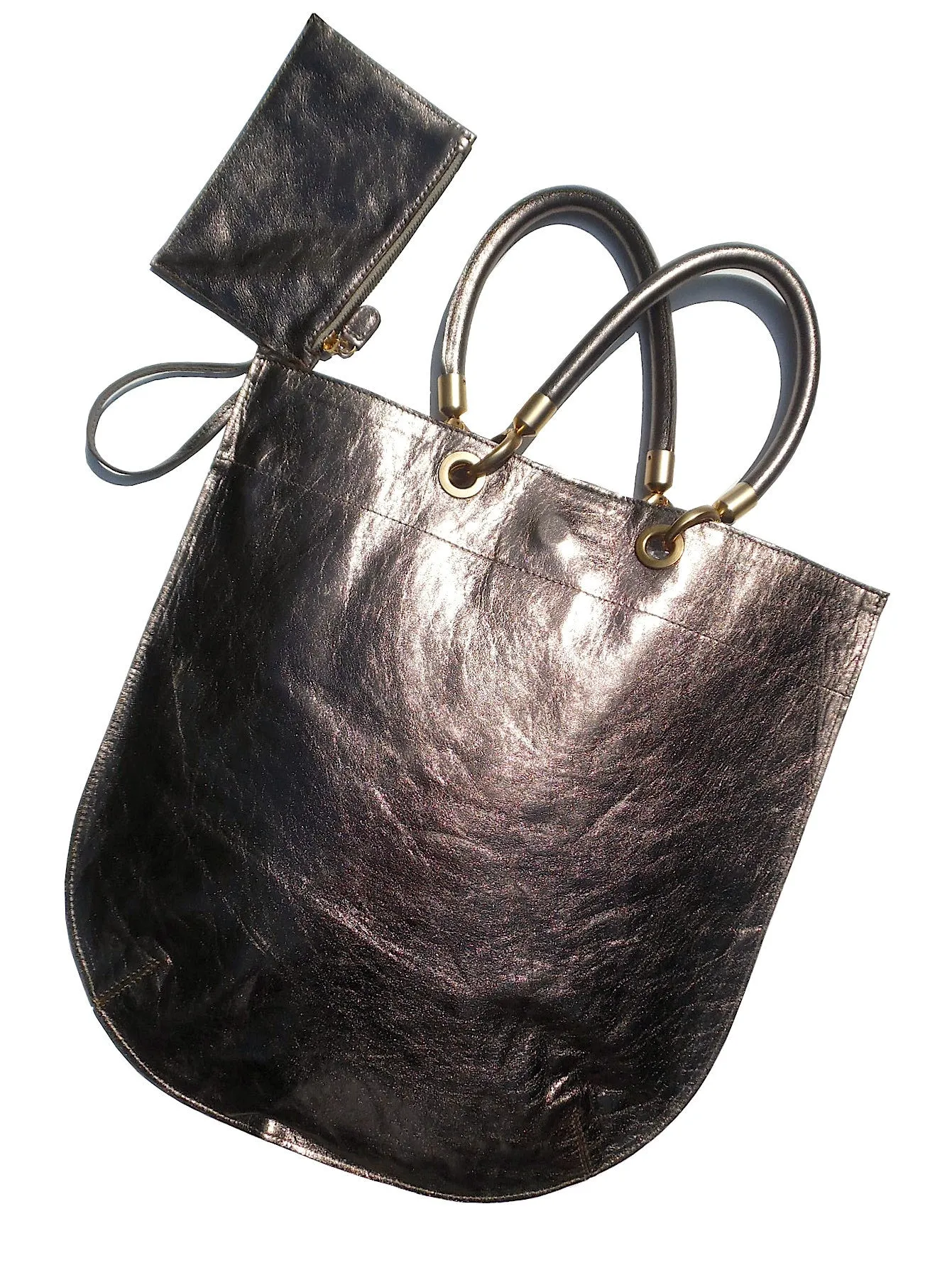 Flat Oblong Tote Bag Metallic Leather Anthracite And Bronze