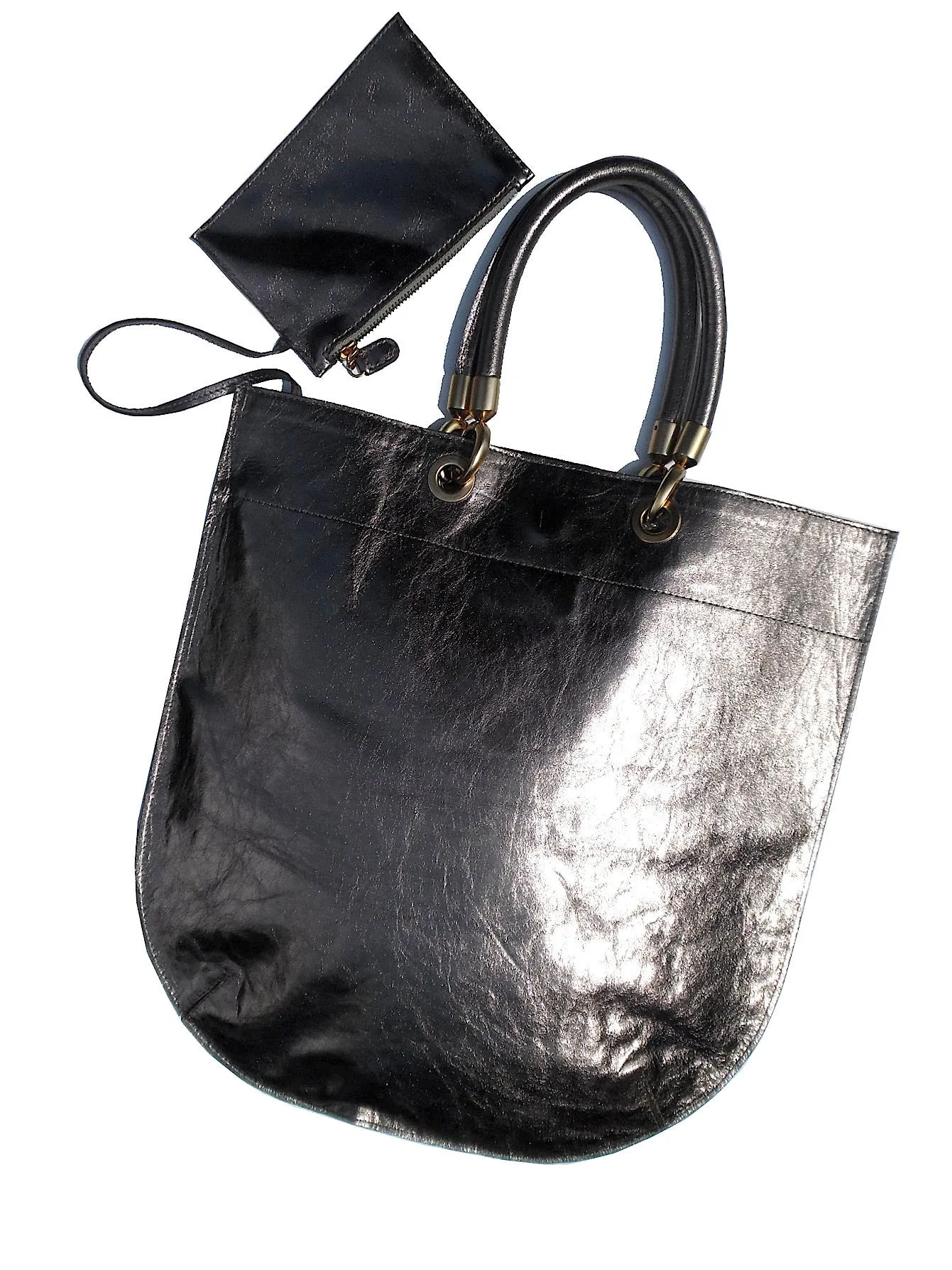 Flat Oblong Tote Bag Metallic Leather Anthracite And Bronze