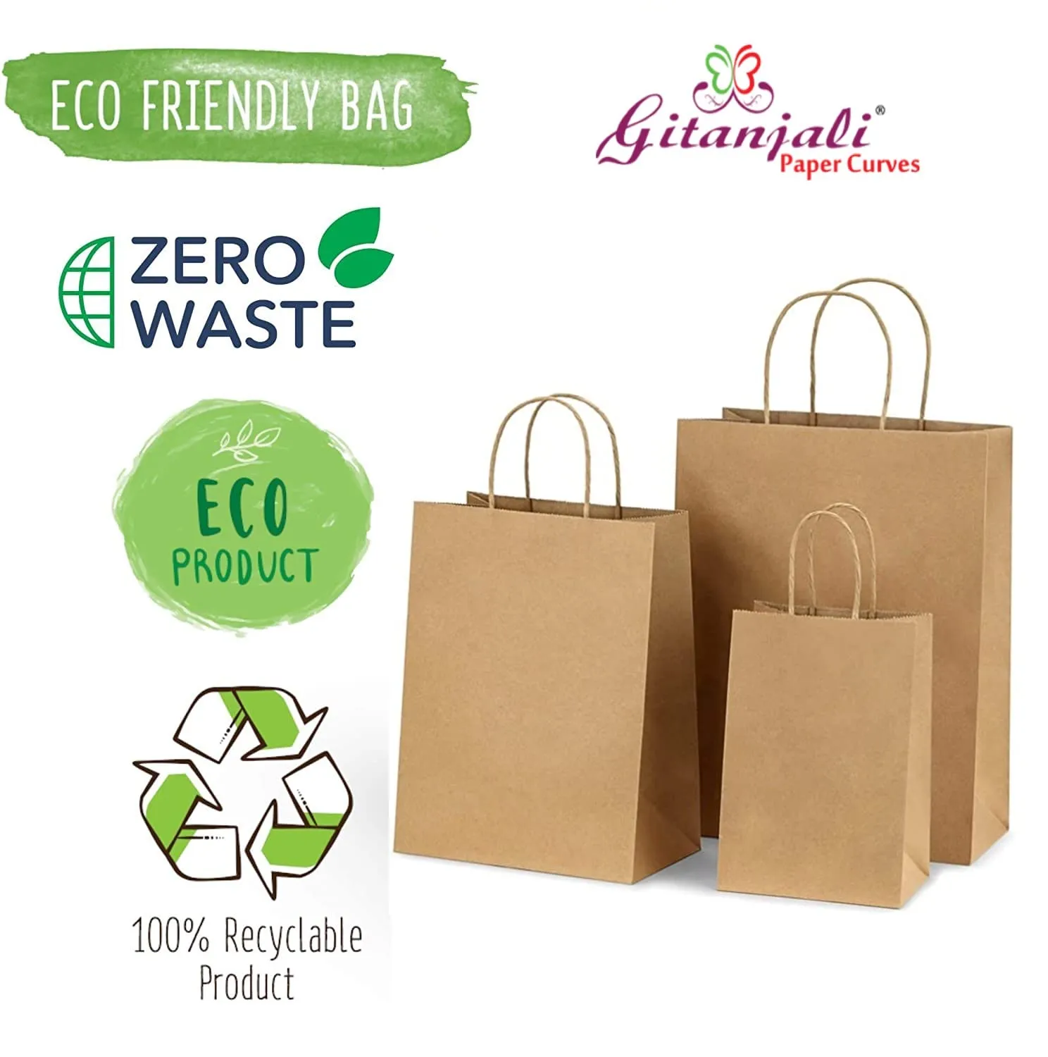 Gitanjali Paper Curves® -Kraft Paper Bags 8"x10"x4"(Brown) 50 pcs -Small Shopping Merchandise Retail Paper Carry Bags, Craft Paper Gift Bags - Disposable Recycled Eco Friendly Paper Bags (50 pcs)