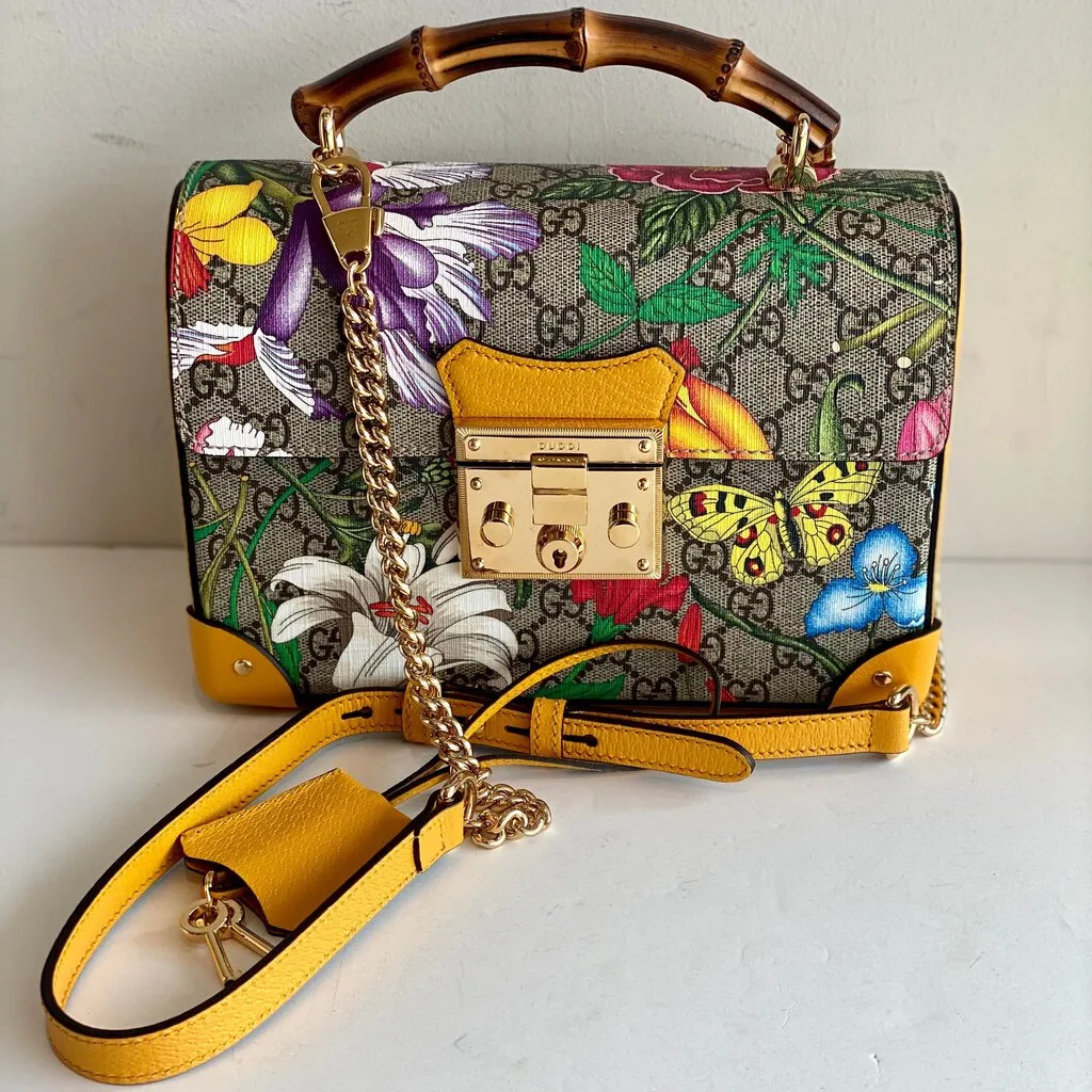 Gucci GG Supreme Flora Small Padlock Bamboo Bag