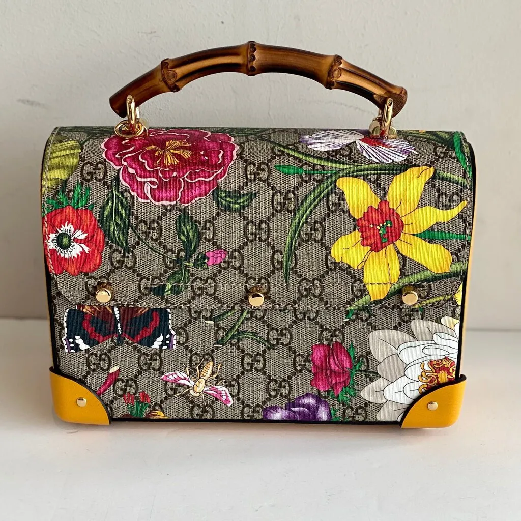 Gucci GG Supreme Flora Small Padlock Bamboo Bag