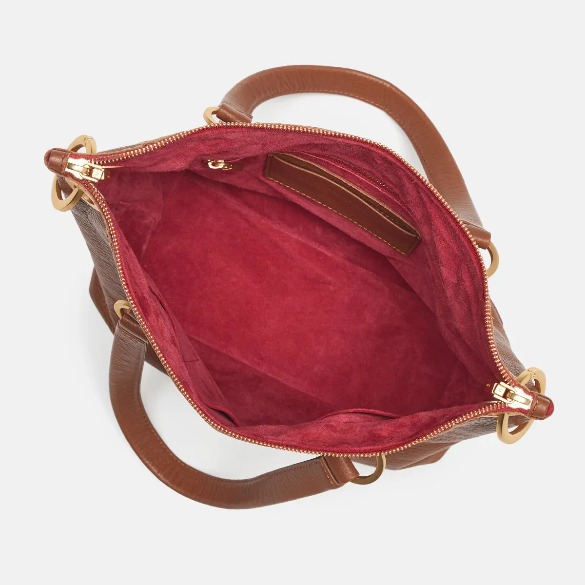 Hammitt Daniel Medium Satchel Bag in Mahogany Pebble/Brushed Gold Red Zip