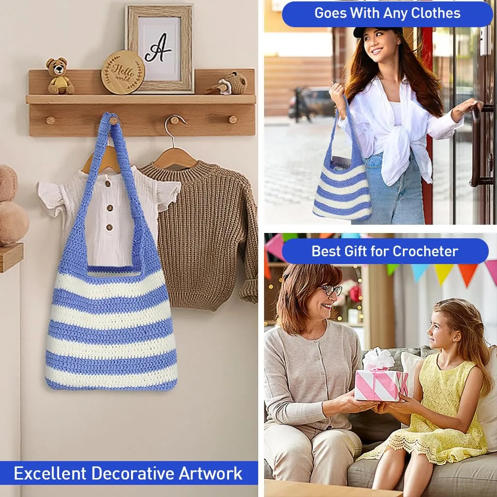 HASTHIP® DIY Crochet Bag Material Kit Beginners Blue White Stripy Fashion Crochet Tote Bag Material Kit with Yarn, Crochet Hook, Tools & Accessories, Tutorial Video, DIY Crochet Kit for Adult