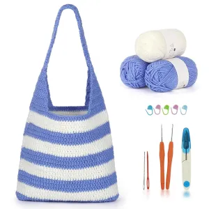 HASTHIP® DIY Crochet Bag Material Kit Beginners Blue White Stripy Fashion Crochet Tote Bag Material Kit with Yarn, Crochet Hook, Tools & Accessories, Tutorial Video, DIY Crochet Kit for Adult