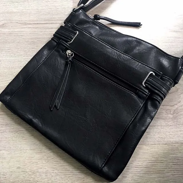 LARGE BLACK MULTI COMPARTMENT CROSS BODY OVER SHOULDER BAG WITH LONG STRAP