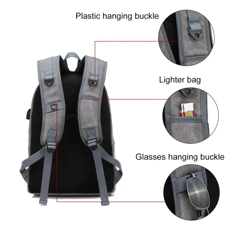 Multi-Function Travel Casual Canvas Backpack Students Bag with External USB Charging Interface & Headphone Jack (Black)