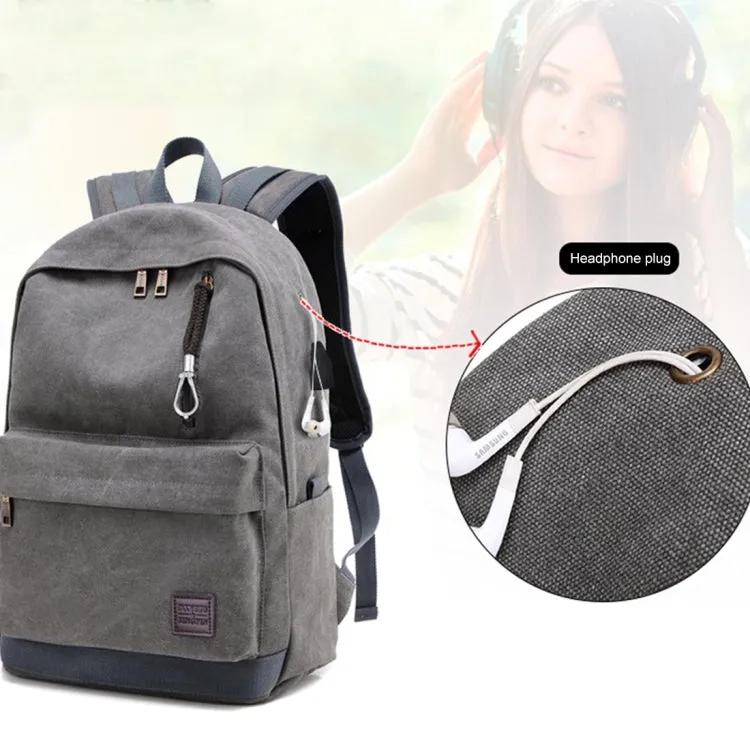 Multi-Function Travel Casual Canvas Backpack Students Bag with External USB Charging Interface & Headphone Jack (Black)