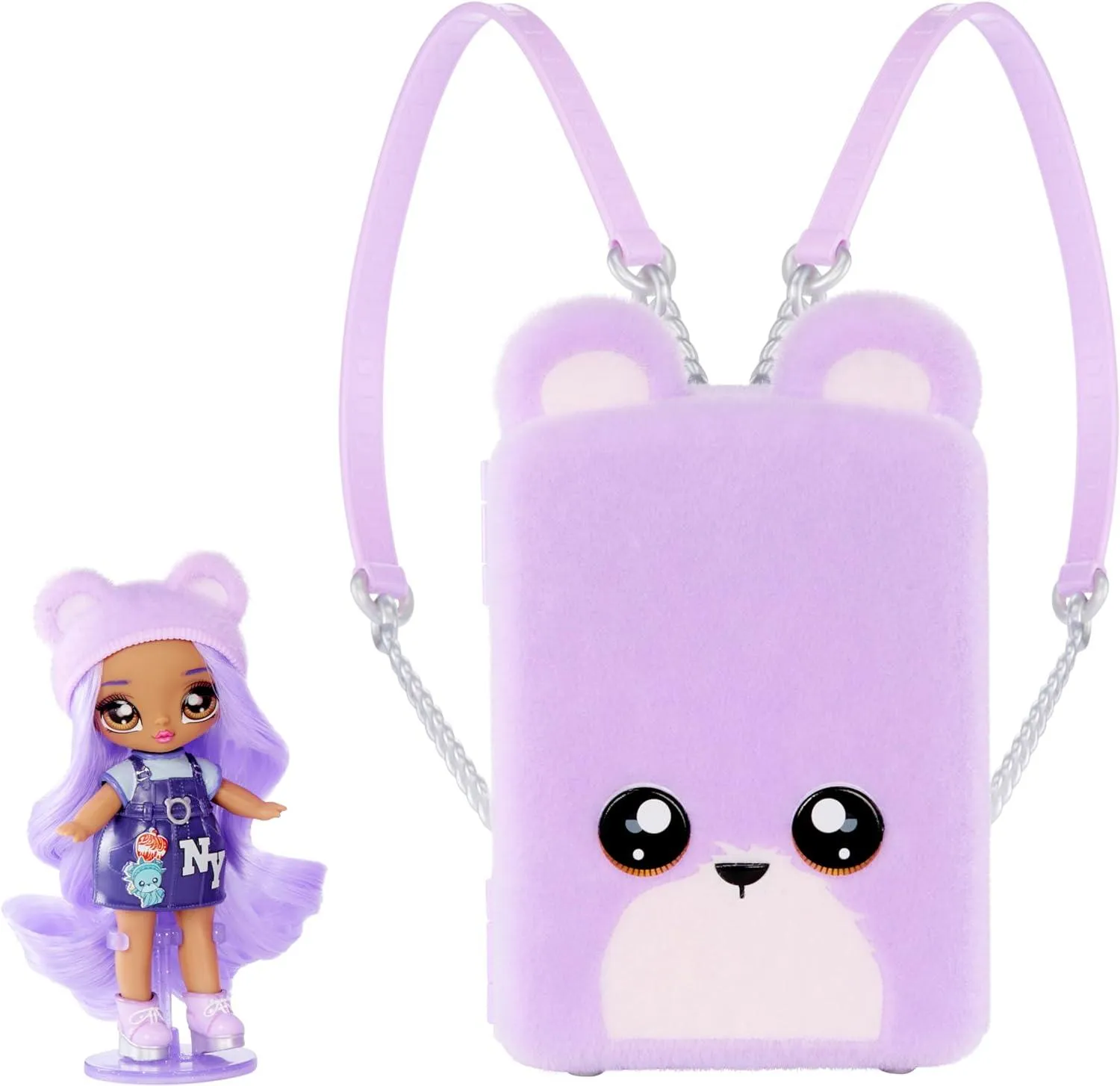 Na! Na! Na! Surprise Mini Backpack Bedroom Lizzy York Fashion Doll, Fuzzy Purple Bear Backpack, Gift for Kids