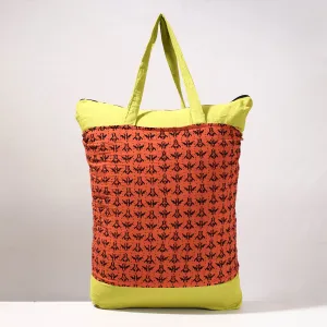 Orange - Kantha Work Block Print Cotton Shopping Bag