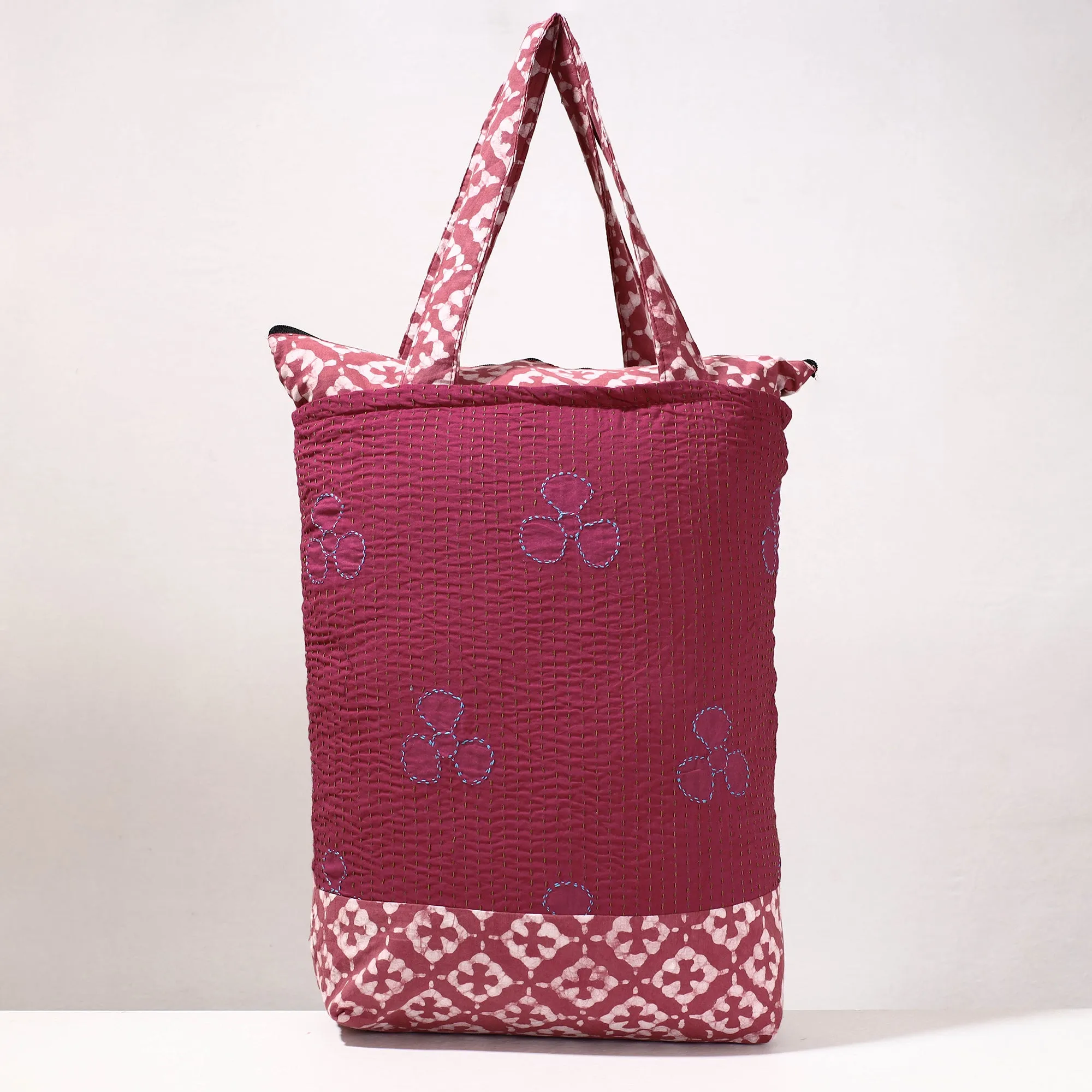 Pink - Kantha Work Block Print Cotton Shopping Bag