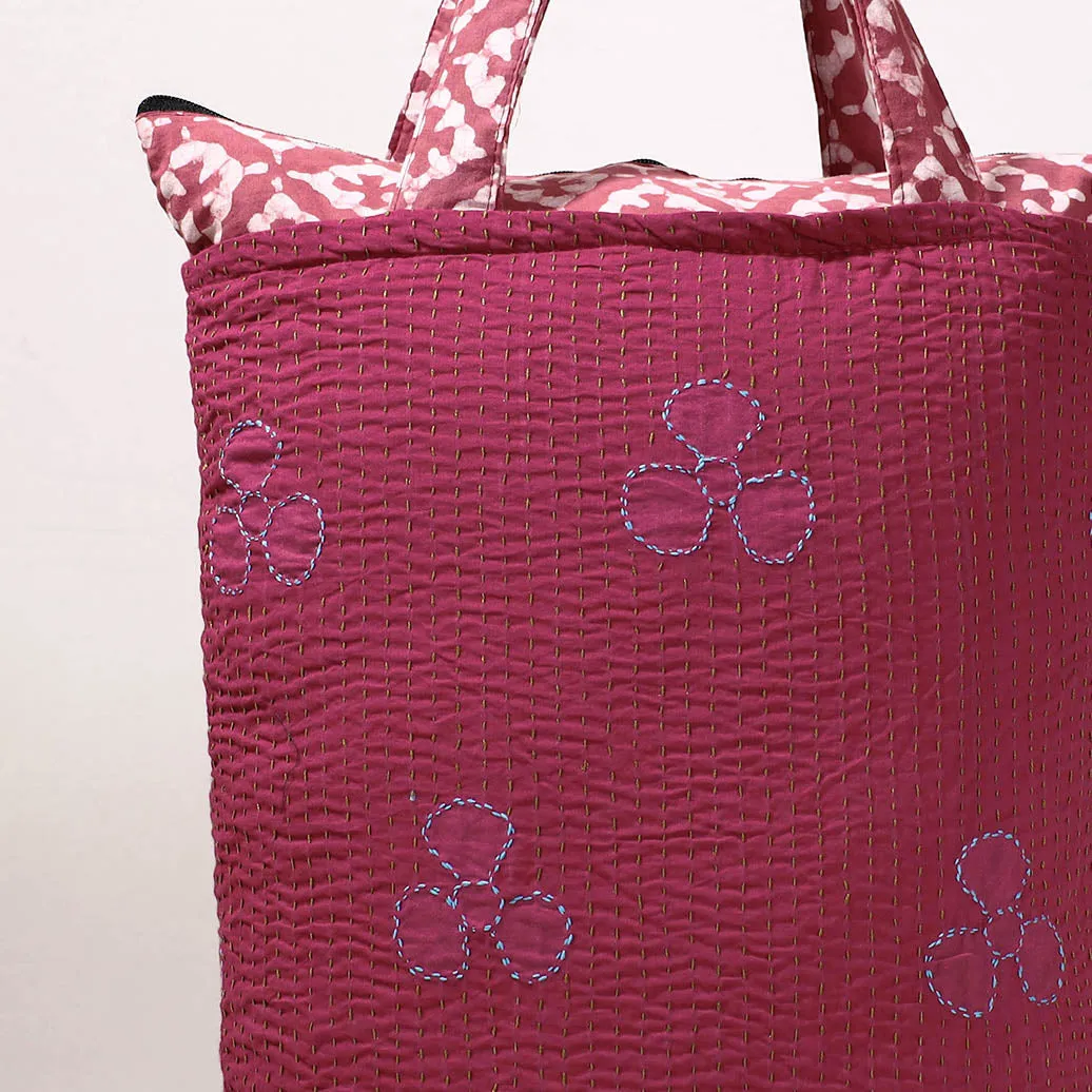 Pink - Kantha Work Block Print Cotton Shopping Bag