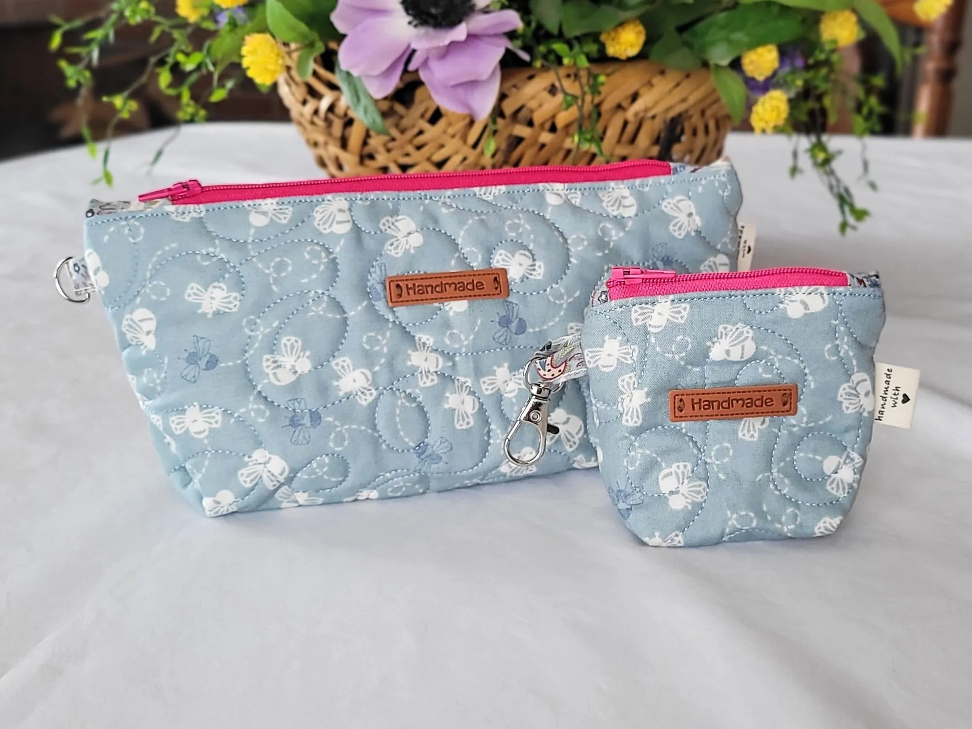 Quilted Zipper Pouch Set, Blue Bee