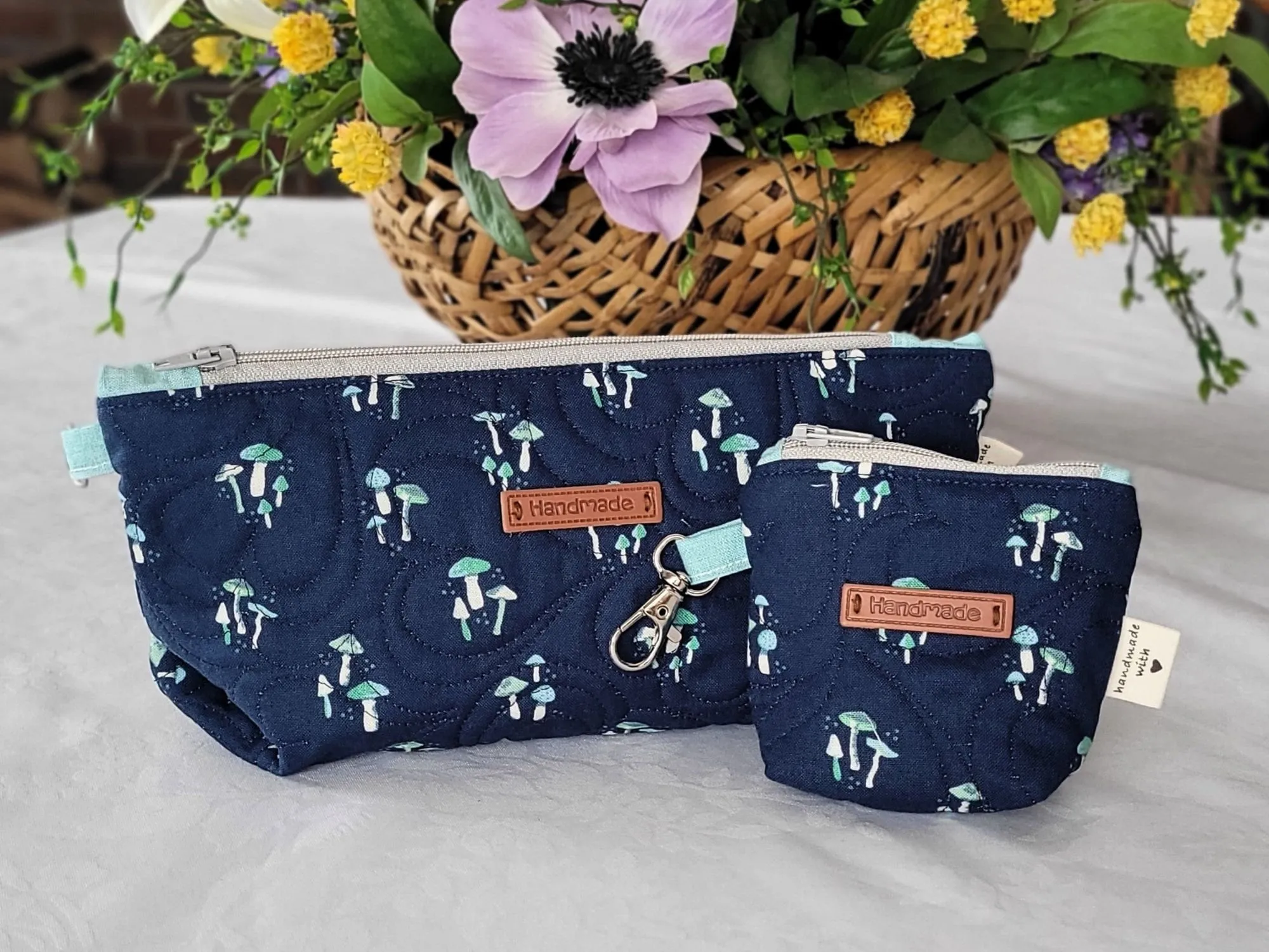 Quilted Zipper Pouch Set, Navy Mushroom