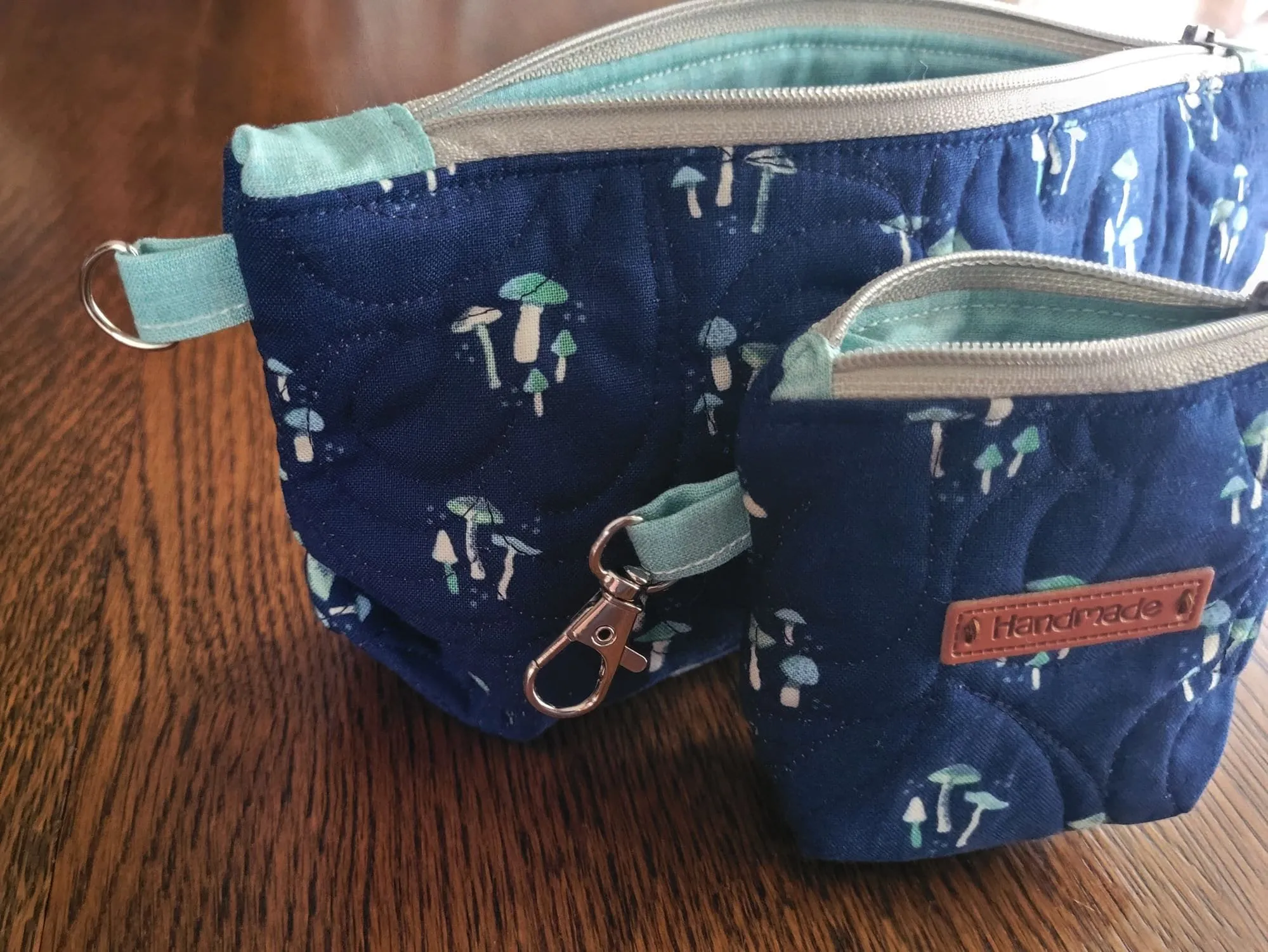 Quilted Zipper Pouch Set, Navy Mushroom