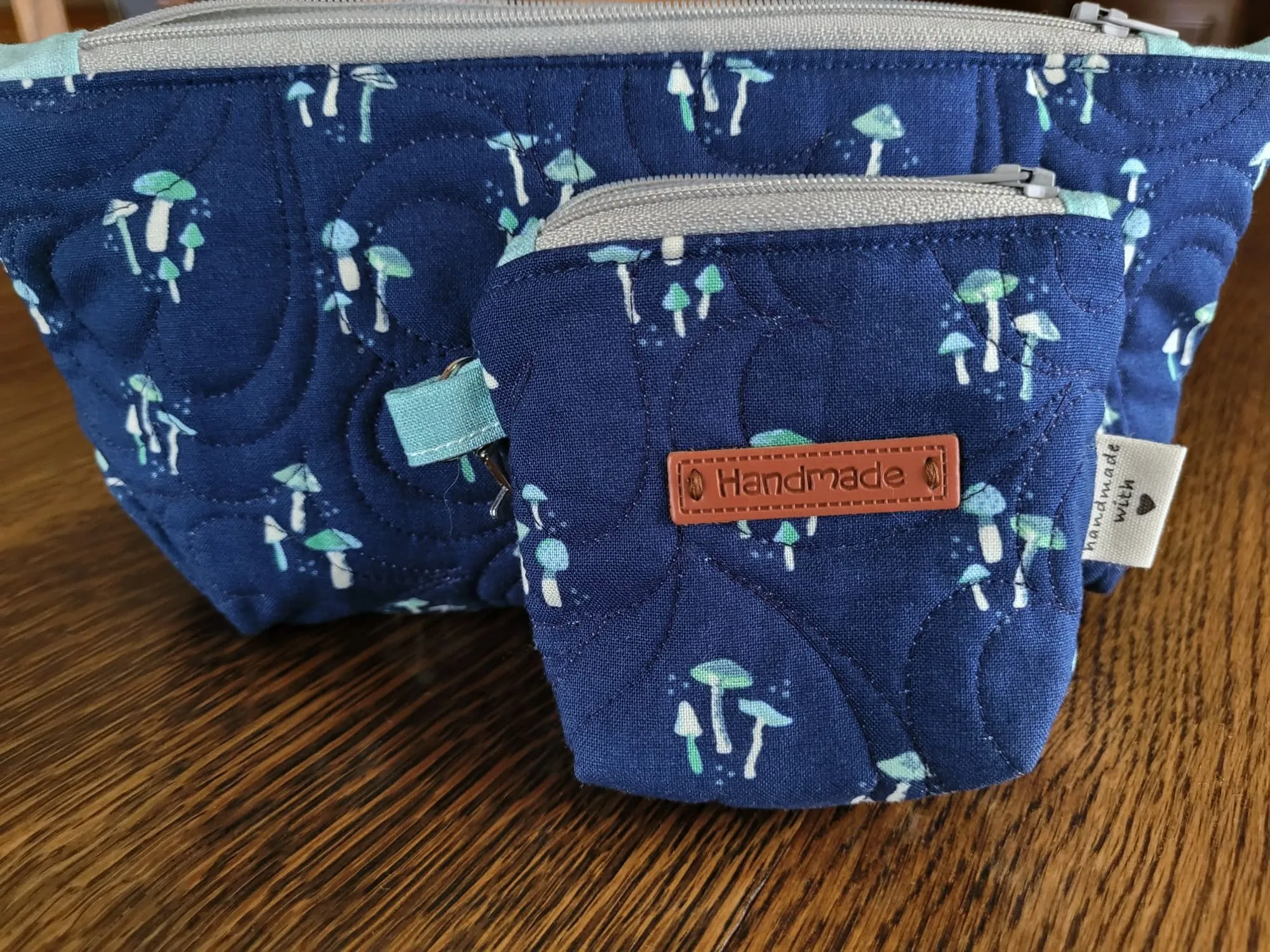 Quilted Zipper Pouch Set, Navy Mushroom