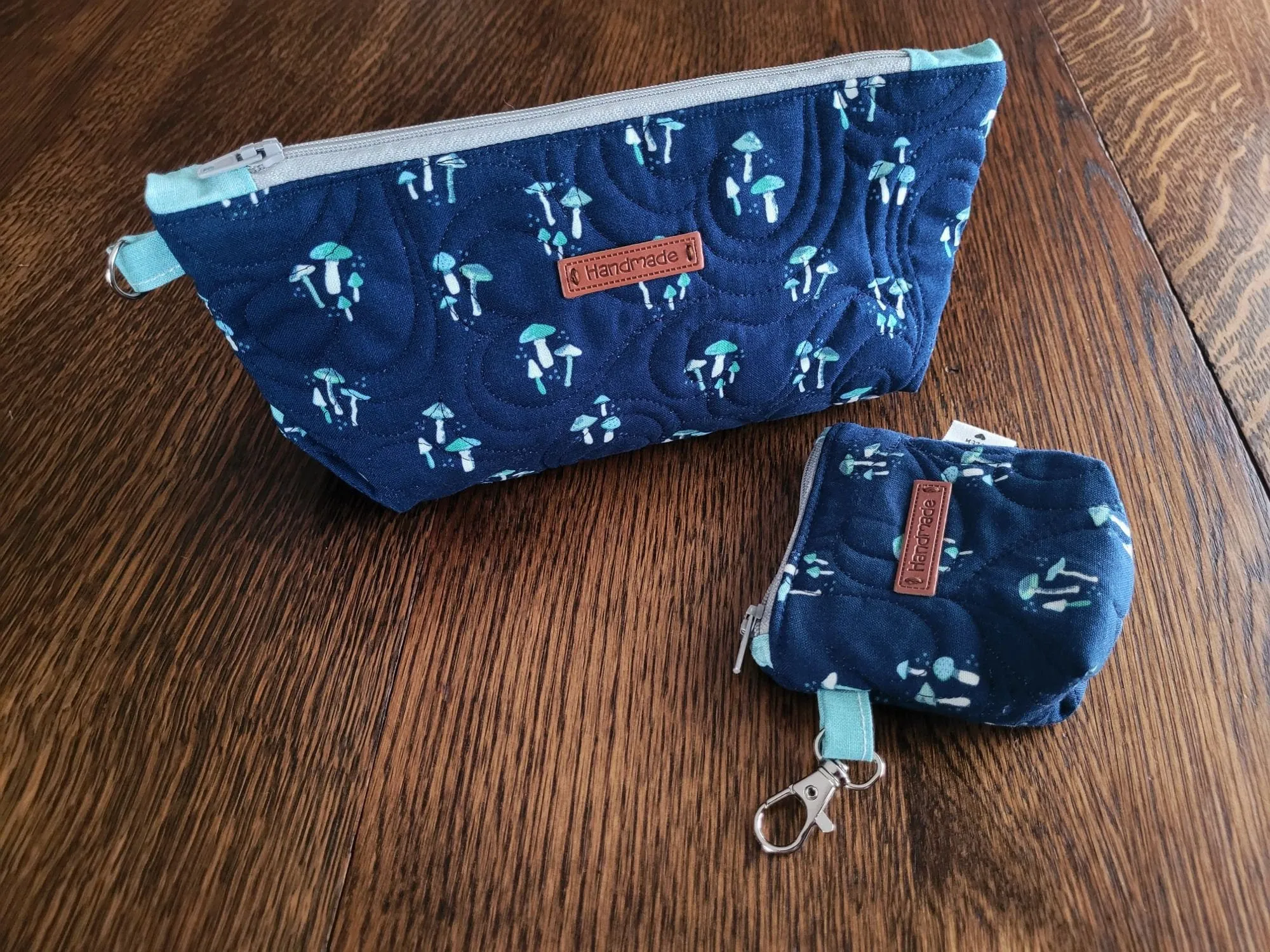 Quilted Zipper Pouch Set, Navy Mushroom