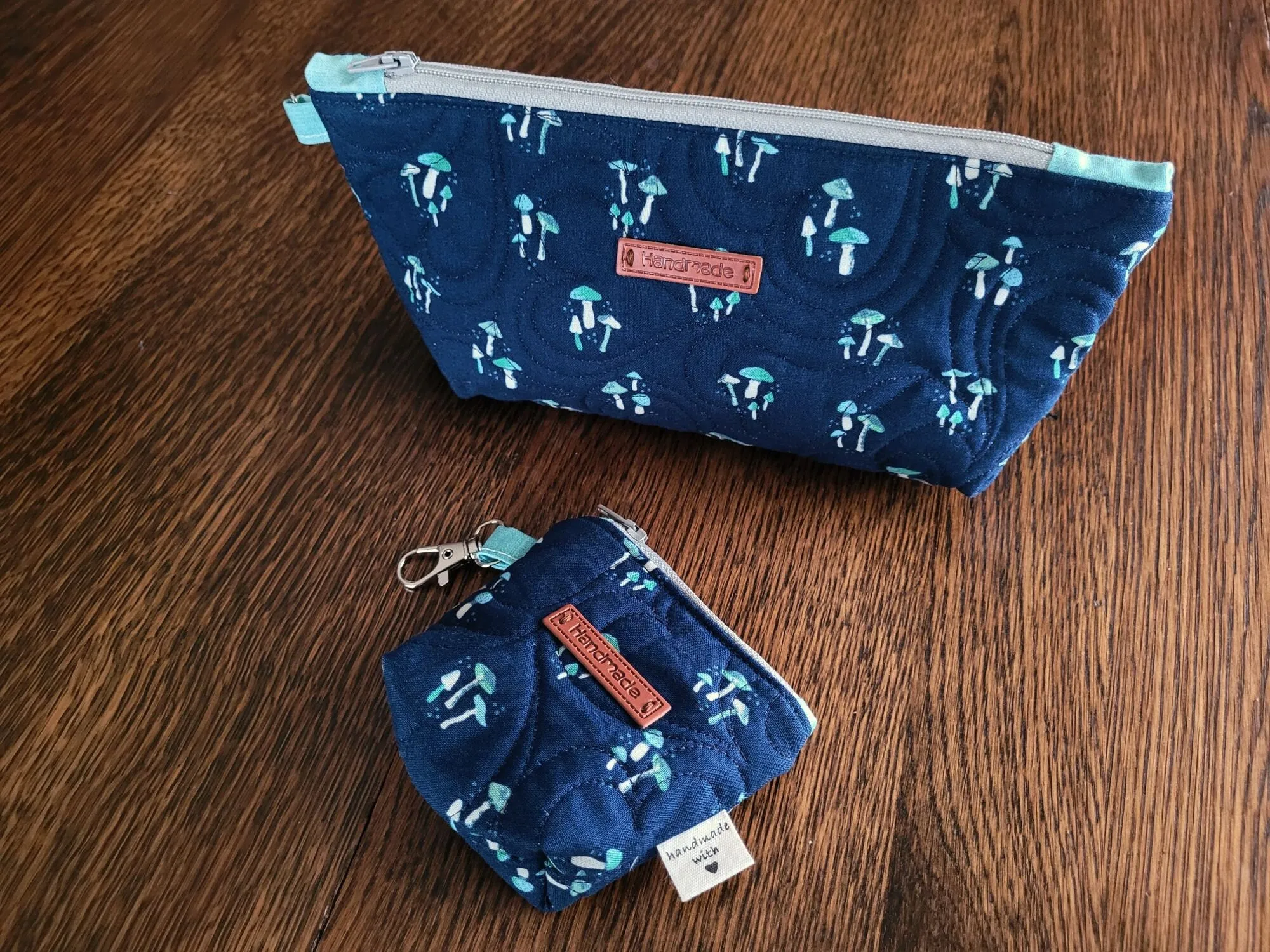 Quilted Zipper Pouch Set, Navy Mushroom