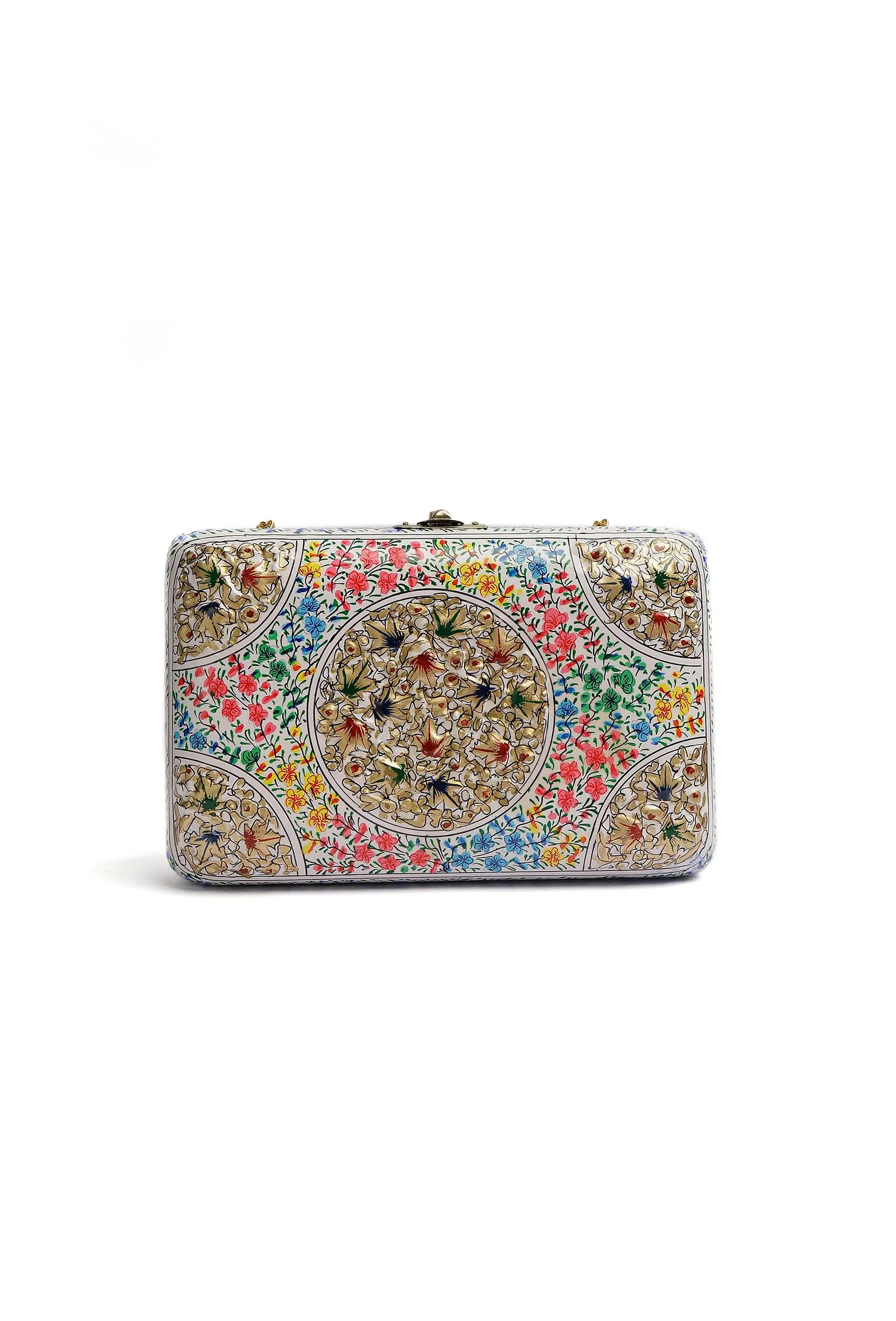 Saiyad Ivory White Floral Kashmiri Mache Clutch