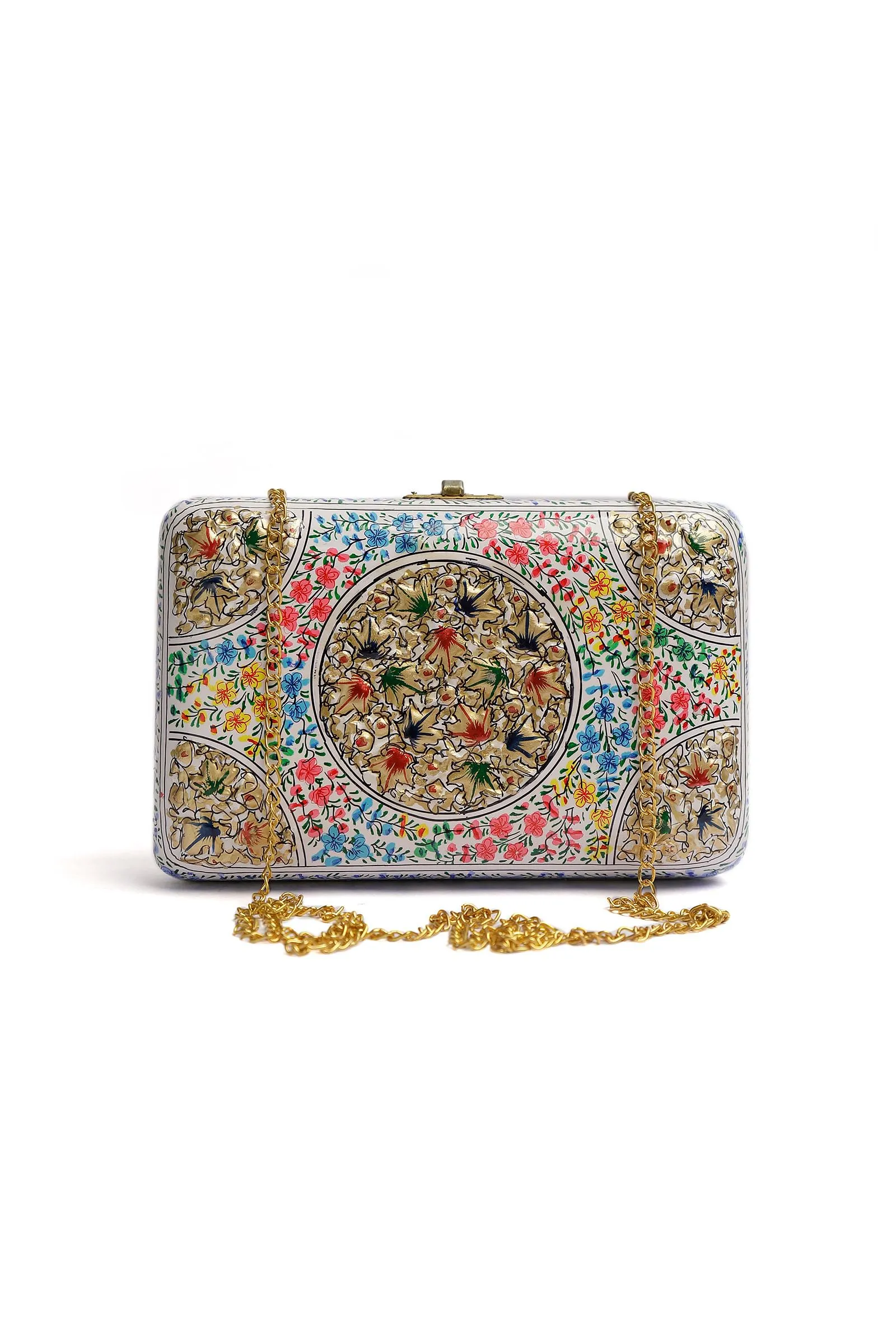 Saiyad Ivory White Floral Kashmiri Mache Clutch