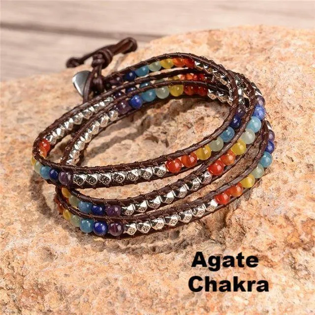 Sale! Chakra Handmade Leather Wrap Natural Stone Mix Bracelet