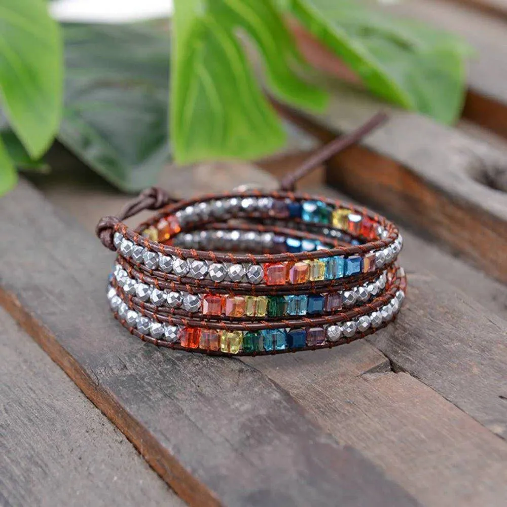 Sale! Chakra Handmade Leather Wrap Natural Stone Mix Bracelet