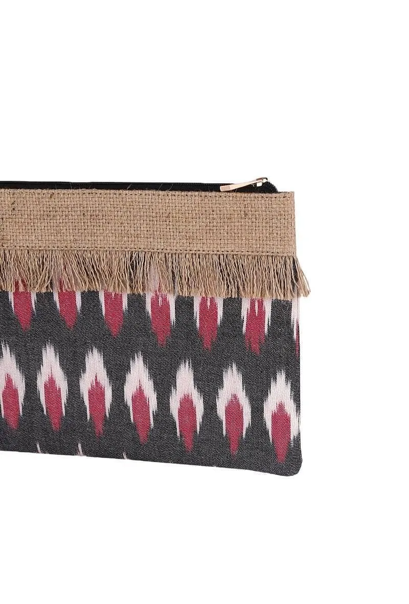 Slate Grey And Plum Ikat Print Pouch With Jute Fringes