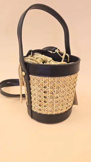 Straw Bucket Bag- Black