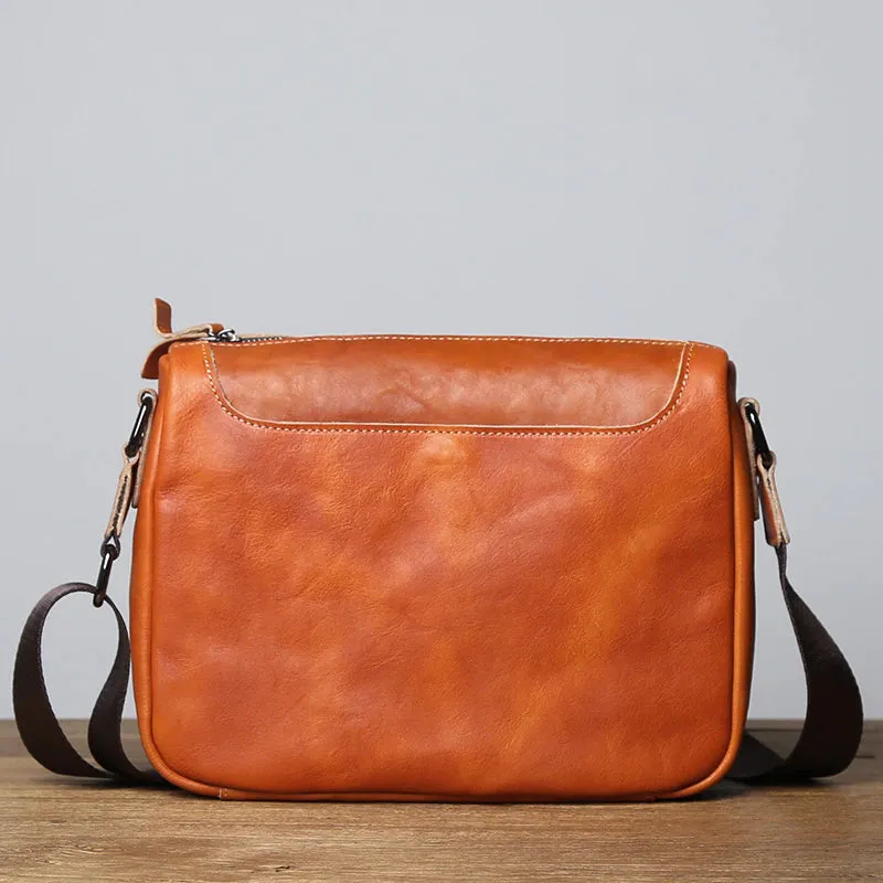 Vintage Vegetable Tanned Leather Zipper Shoulder Bag