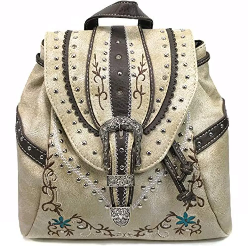 Western Buckle Drawstring Conceal Carry Backpack with Floral Embroidery